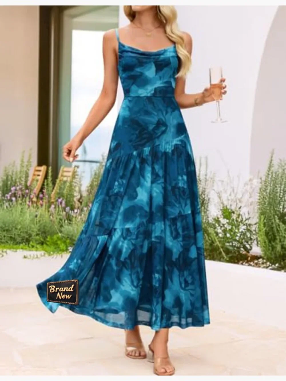 Sleeveless Maxi Dress Flowy Mesh Spaghetti Strap Boho Summer Wedding Guest - Picture 4 of 7